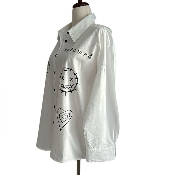 Sweet Rain Graphic Oversized Button Down Shirt Size XL Untamed Strange Print - Picture 4 of 12